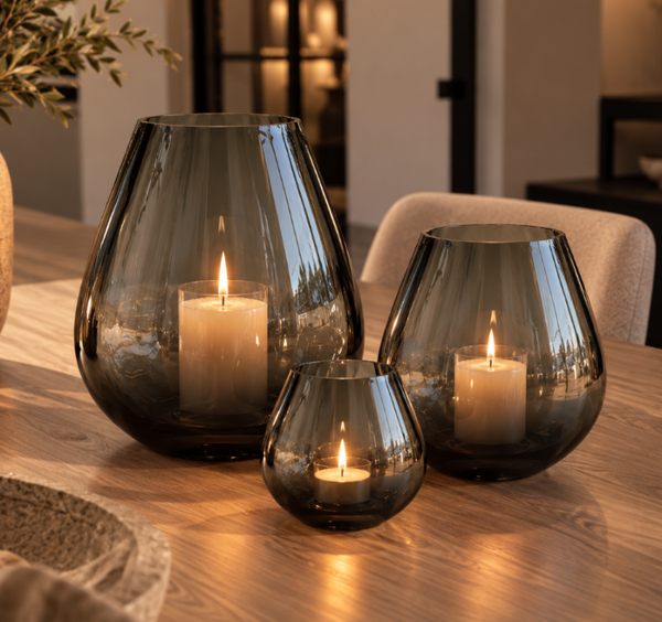 Tasman Windlichten | Ribbed Smoke Zwart | Verkrijgbaar in 3 maten