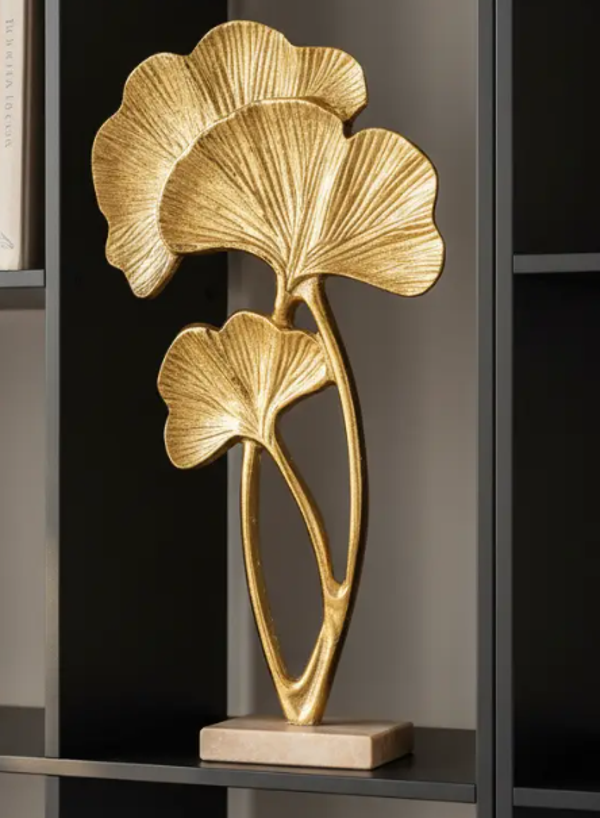 Ornament op Voet 'Tropical Leaves' | Goud/Hout | 38,5x21cm