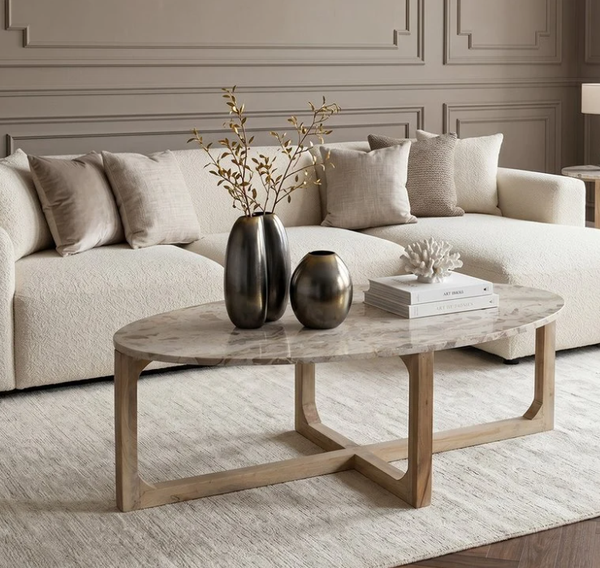 Salontafel Ovaal Marmer | Hout/Creme | 120x60x38cm