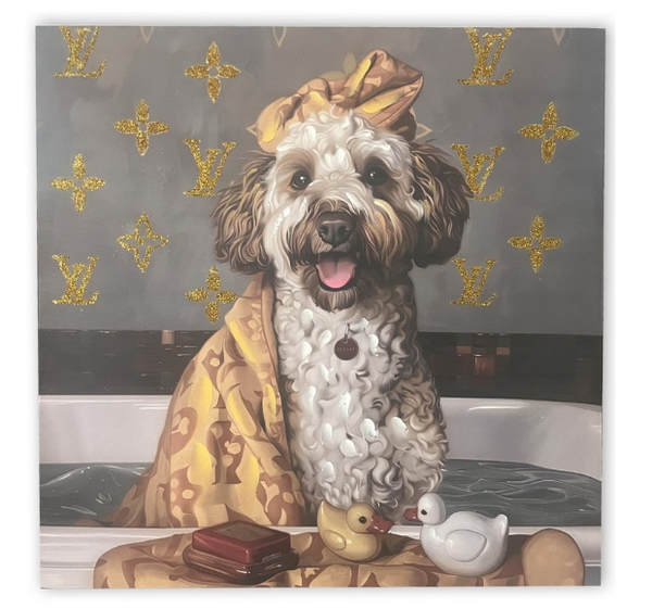 Schilderij ‘Hond in Bad’ – Modern Dierenschilderij Vierkant 60x60cm