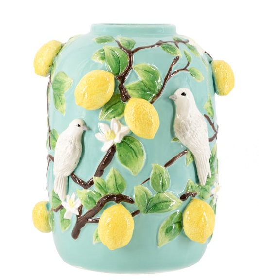 Aardewerk Vaas met Citroenen en Vogels – Handgemaakte Decoratieve Vaas | 30,5x29,4x35,6cm