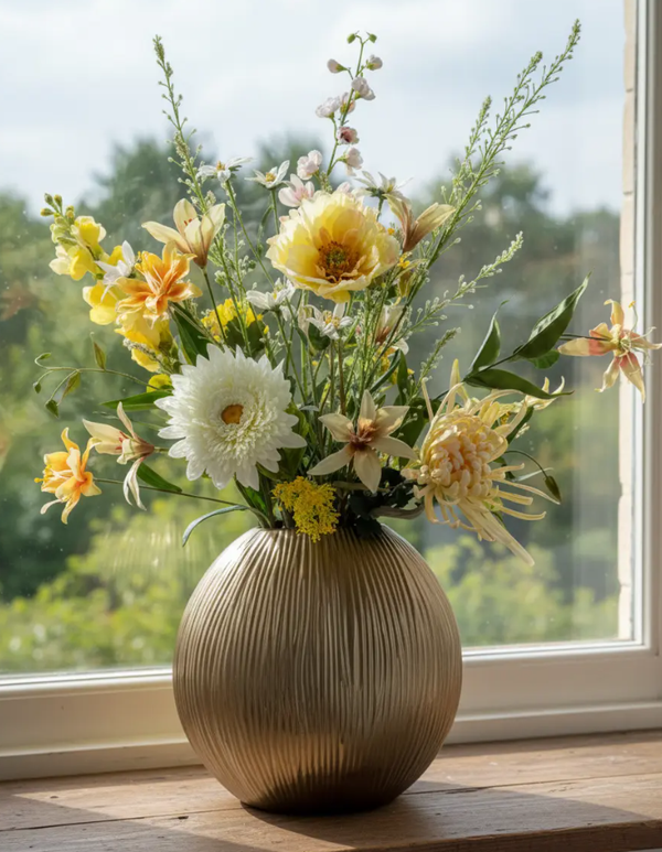 Zijden Bloemen Boeket ‘Dreamy’ Inclusief Gouden Platte Vaas