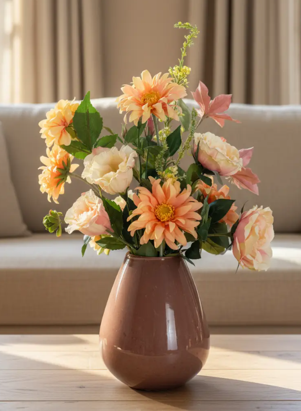 Kunstbloemen Boeket 'Peach' | Inclusief Tasman Elite Brown S Vaas