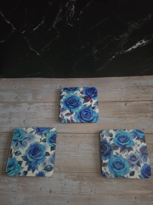 Blue Rose Cork Coaster Set (3-Pack)