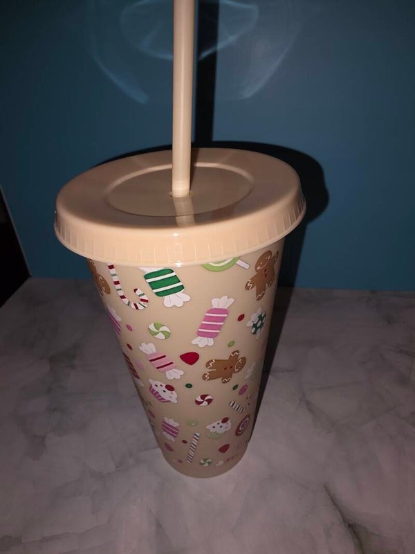 24oz Christmas-Themed Cup with Straw & Lid - Light Gold