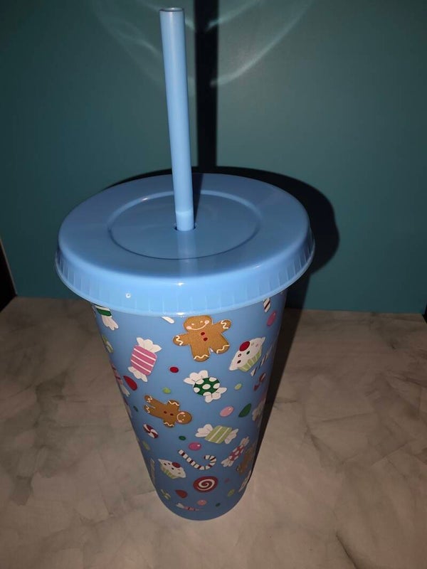 24oz Christmas-Themed Cup with Straw & Lid - Light Blue