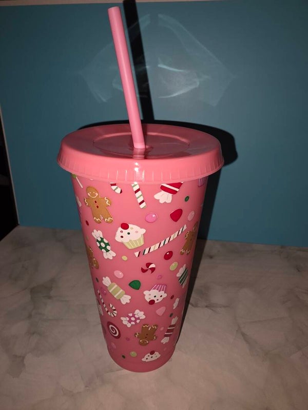 24oz Christmas-Themed Cup with Straw & Lid - Pink