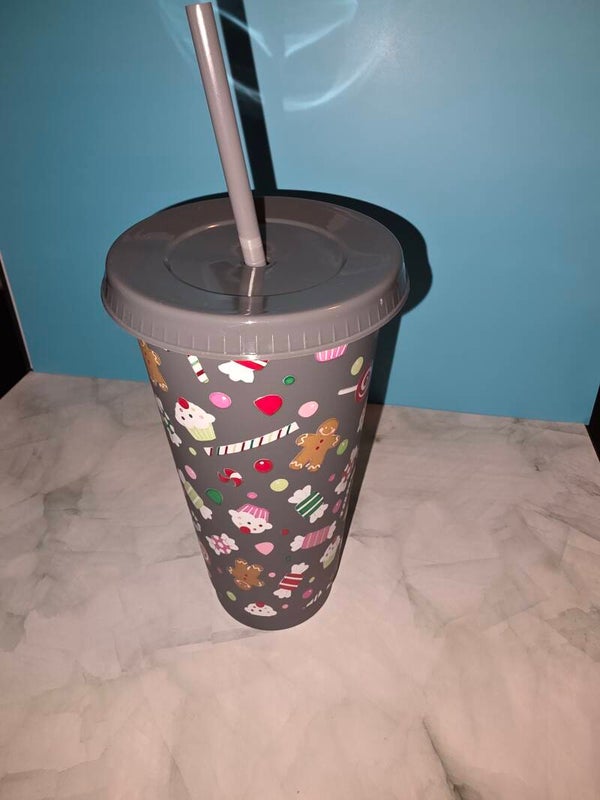 24oz Christmas-Themed Cup with Straw & Lid - Grey