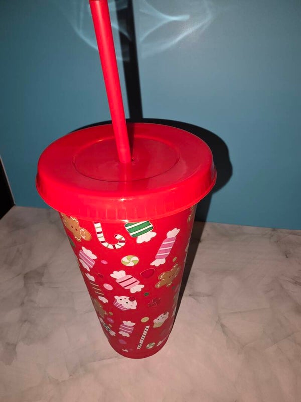 24oz Christmas-Themed Cup with Straw & Lid - Red