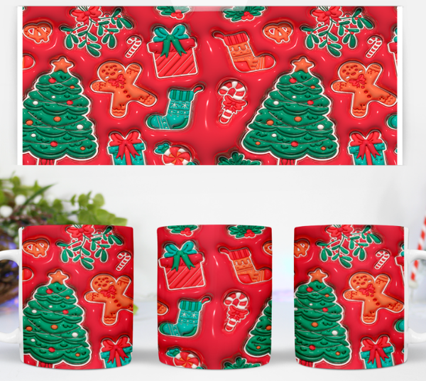 Red Tree & Gingerbread Christmas 3D Puff Mug - 11oz