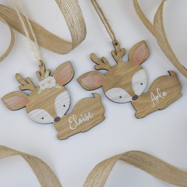 Personalised Reindeer UV Printed Oak Christmas Decoration