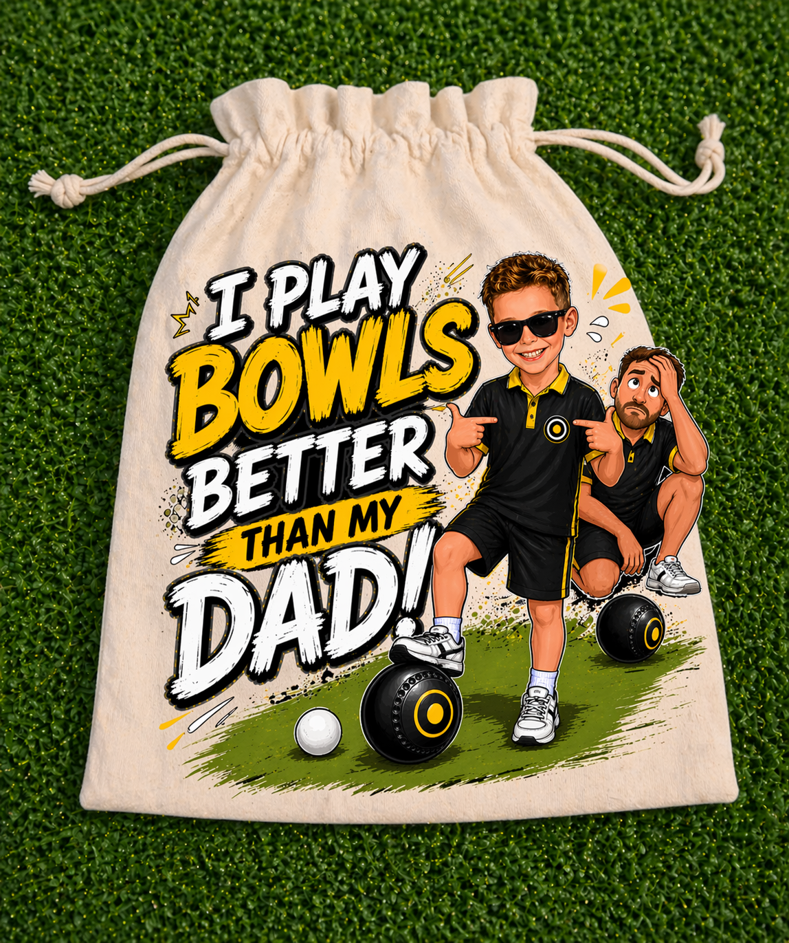 PERSONALISED - I play bowls better than my Dad! - Drawstring Bag
