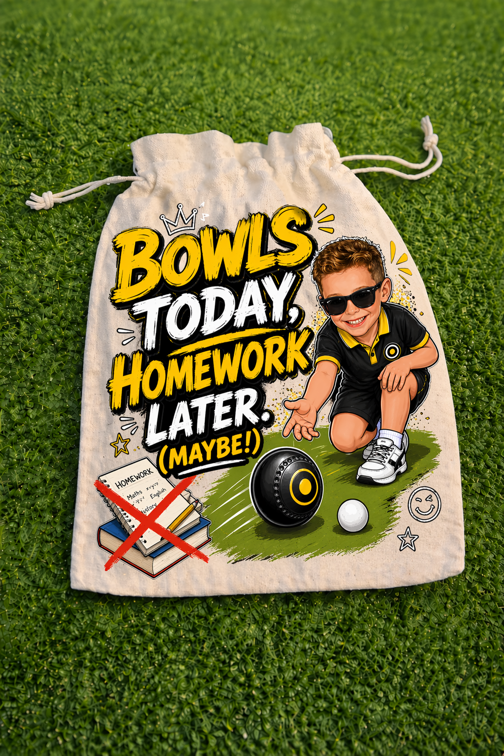 PERSONALISED - Bowls today, homework later (Maybe!) - Drawstring bag