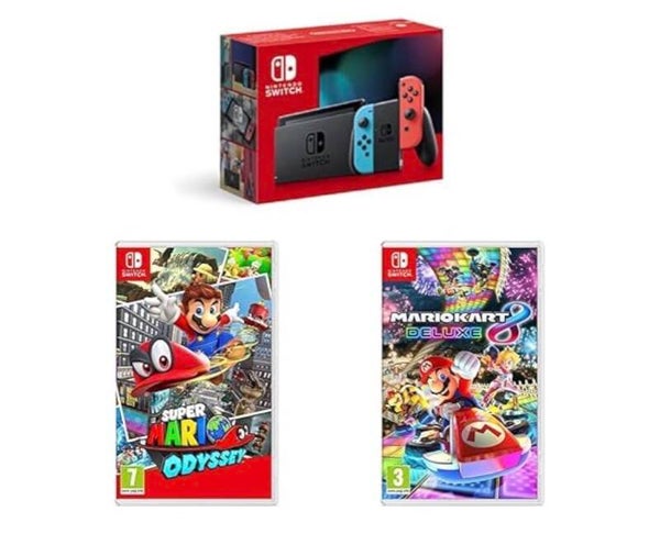 Nintendo Switch Neon + Super Mario Odyssey + Mario Kart 8
