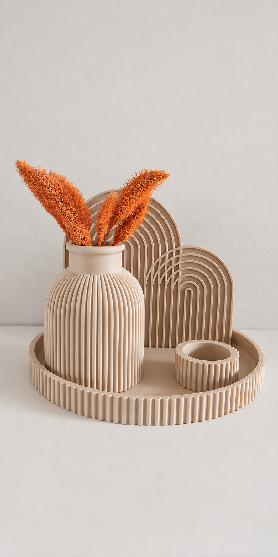 Decoratieset Beige – vaas, regenboog, dienblad & kaarshouder
