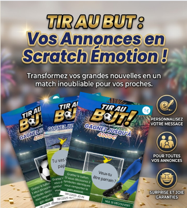 Ticket à gratter message personnalisé Tir au but - carte grattage thème football annonce surprise - ballon de foot à gratter