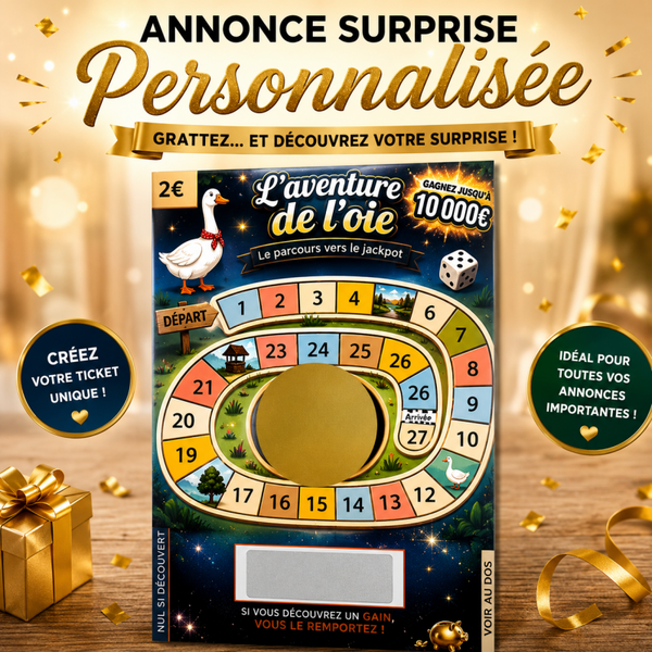 Ticket à Gratter Personnalisé – L'Aventure de l'Oie | Annonce Surprise Originale | Annonce grossesse, mariage, jeu | Cadeau Personnalisé