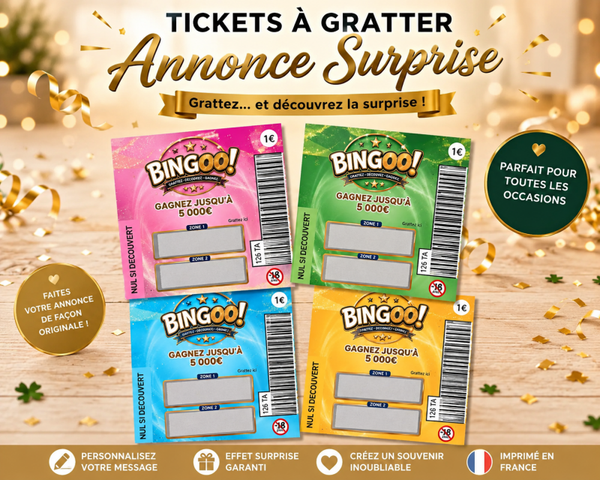 Ticket à gratter personnalisé « BINGOO! » – Annonce surprise originale | Cadeau personnalisé | Révélation grossesse, demande spéciale, surprise