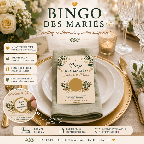 Ticket à gratter Bingo des Mariés personnalisé | Tickets à gratter mariage personnalisable