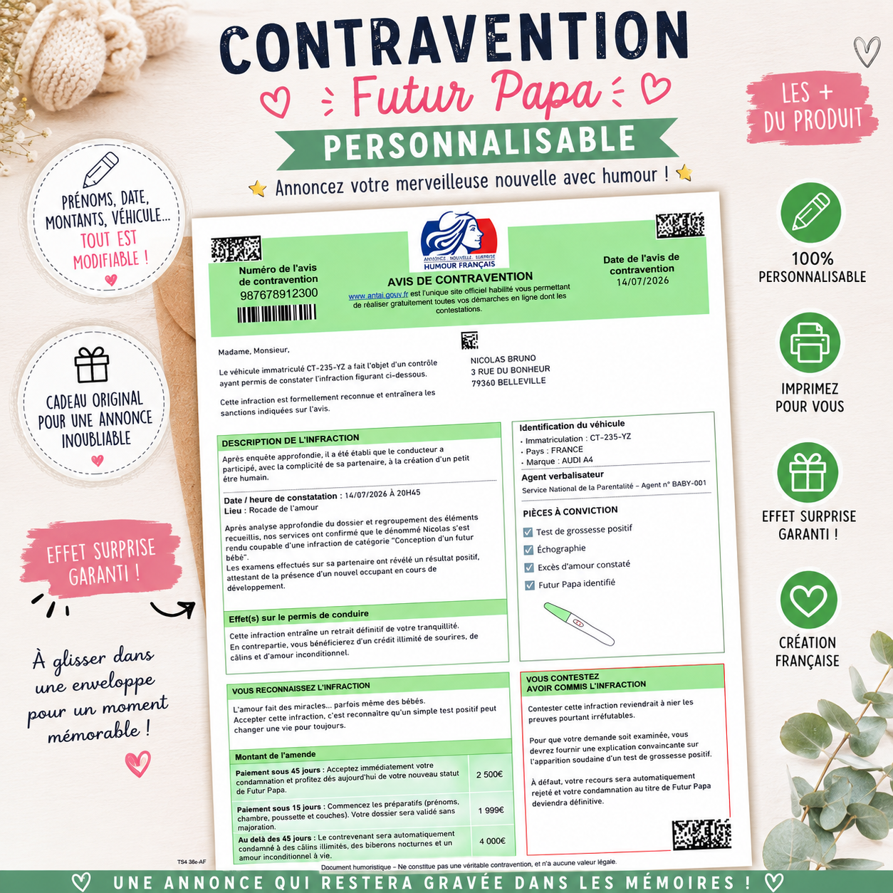Contravention Humour Personnalisée – Annonce Grossesse Futur Papa | Cadeau Original | Révélation Bébé | Surprise Personnalisée