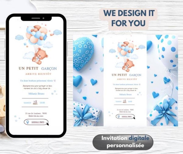 Invitation Digitale Personnalisée avec RSVP -Custom Baby Shower Digital Invitation –  fête prénatale ourson bleu