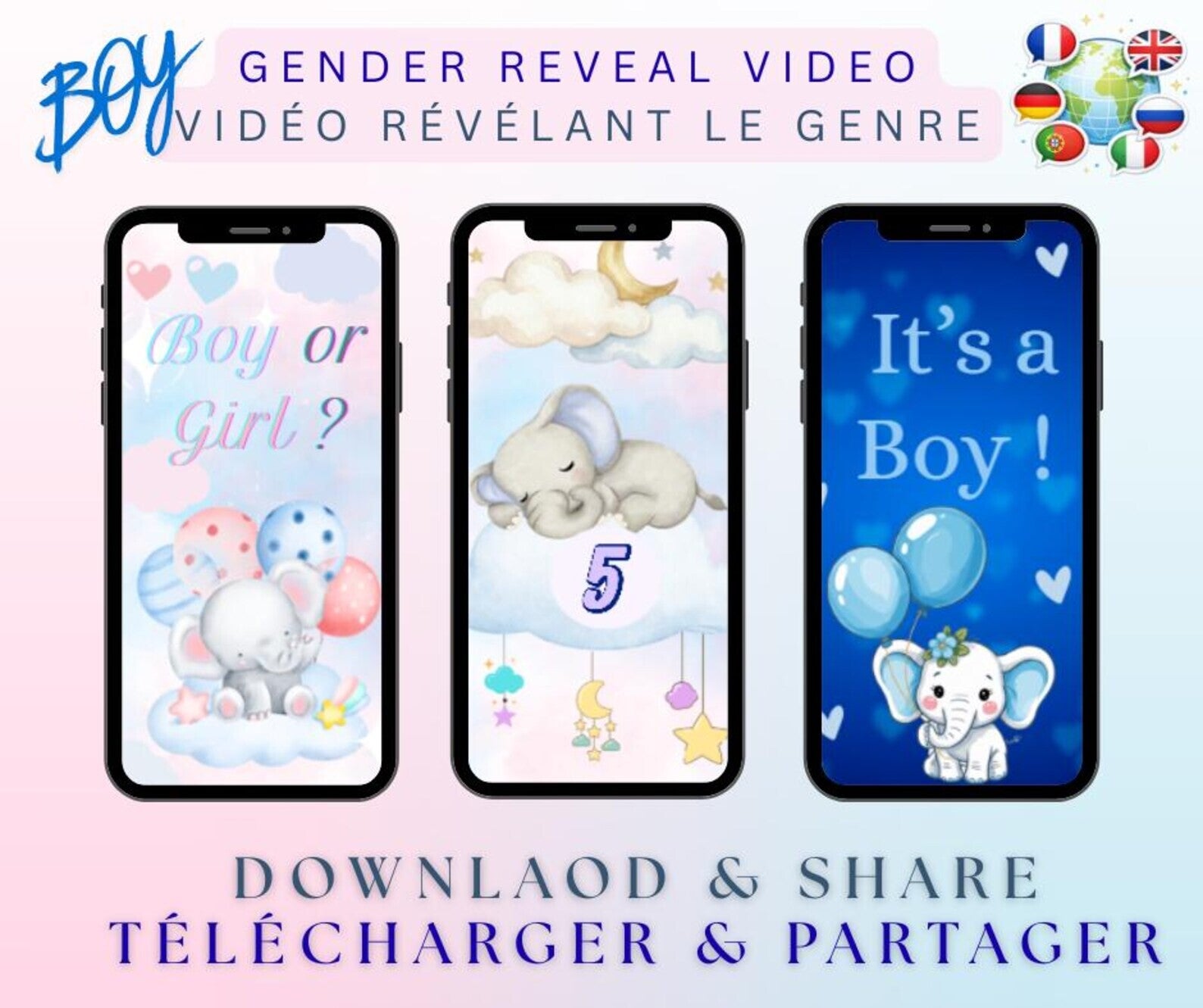 C’est un garçon ! Vidéo Révélation du Genre Bébé | Gender Reveal |Téléchargement Numérique Instantané | Format Mobile | Eléphant