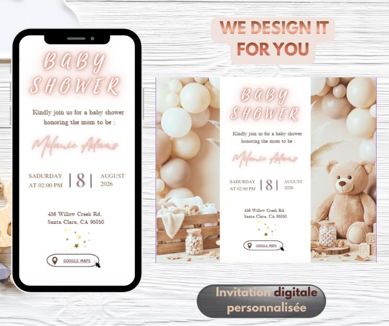 Invitation Digitale Personnalisée avec RSVP -Custom Baby Shower Digital Invitation – fête prénatale ours brun