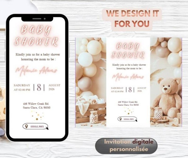 Invitation Digitale Personnalisée avec RSVP -Custom Baby Shower Digital Invitation – fête prénatale ours brun