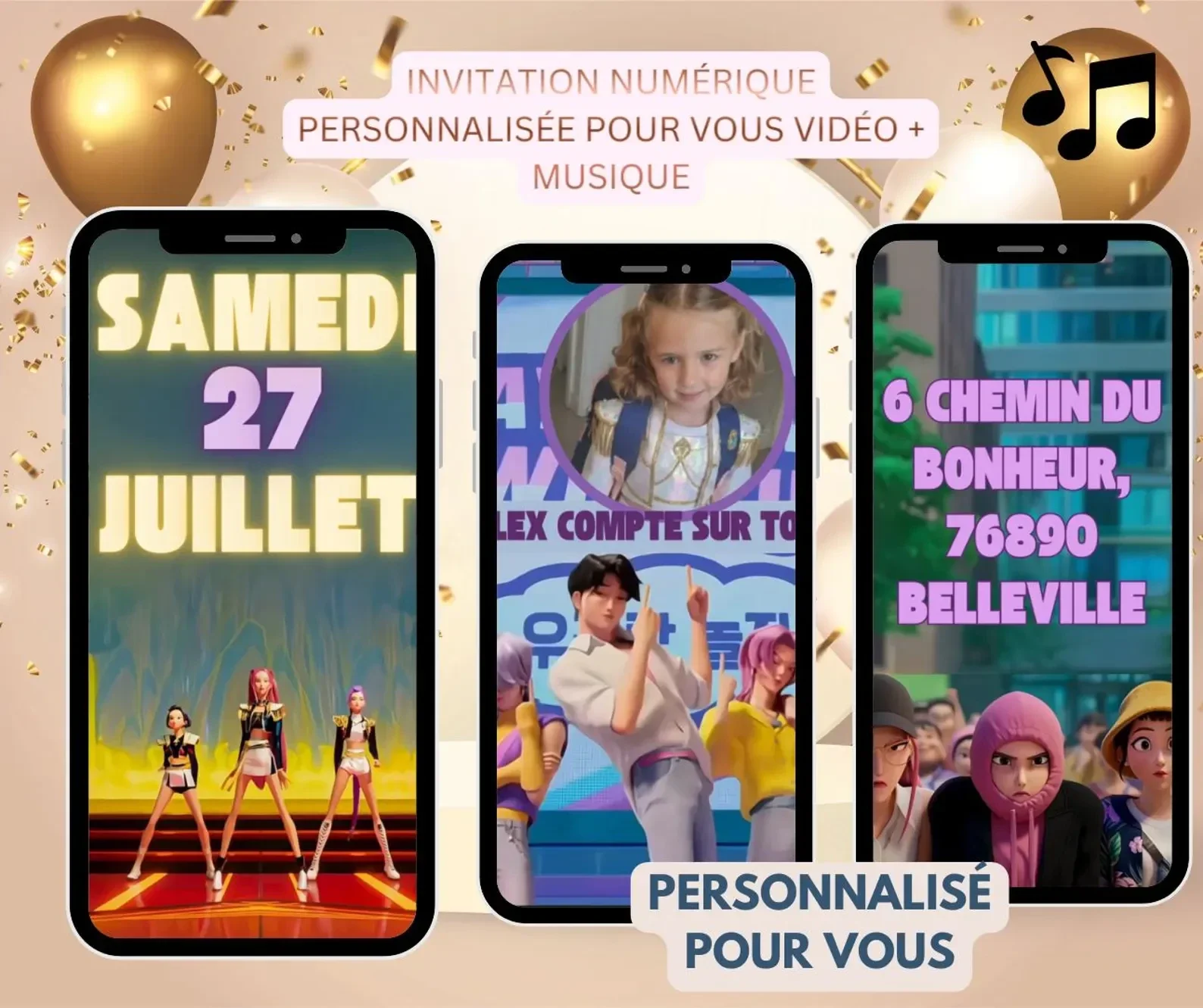 Invitation anniversaire Kpop Demon Hunters - vidéo personnalisée - Faire-part électronique - Animée Huntrix_Vidéo en français