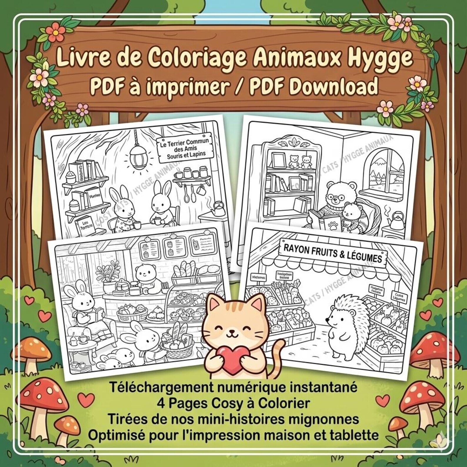 Livre de Coloriage Animaux Hygge - PDF Numérique – 7 Pages Cosy à Colorier (Tablette & Impression)