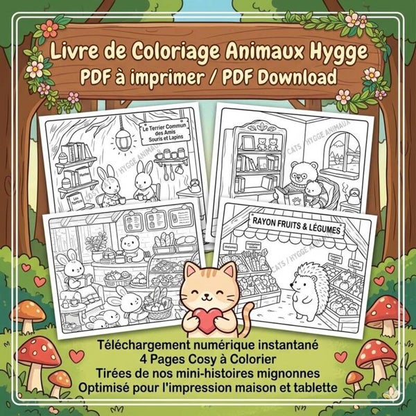 Livre de Coloriage Animaux Hygge - PDF Numérique – 7 Pages Cosy à Colorier (Tablette & Impression)