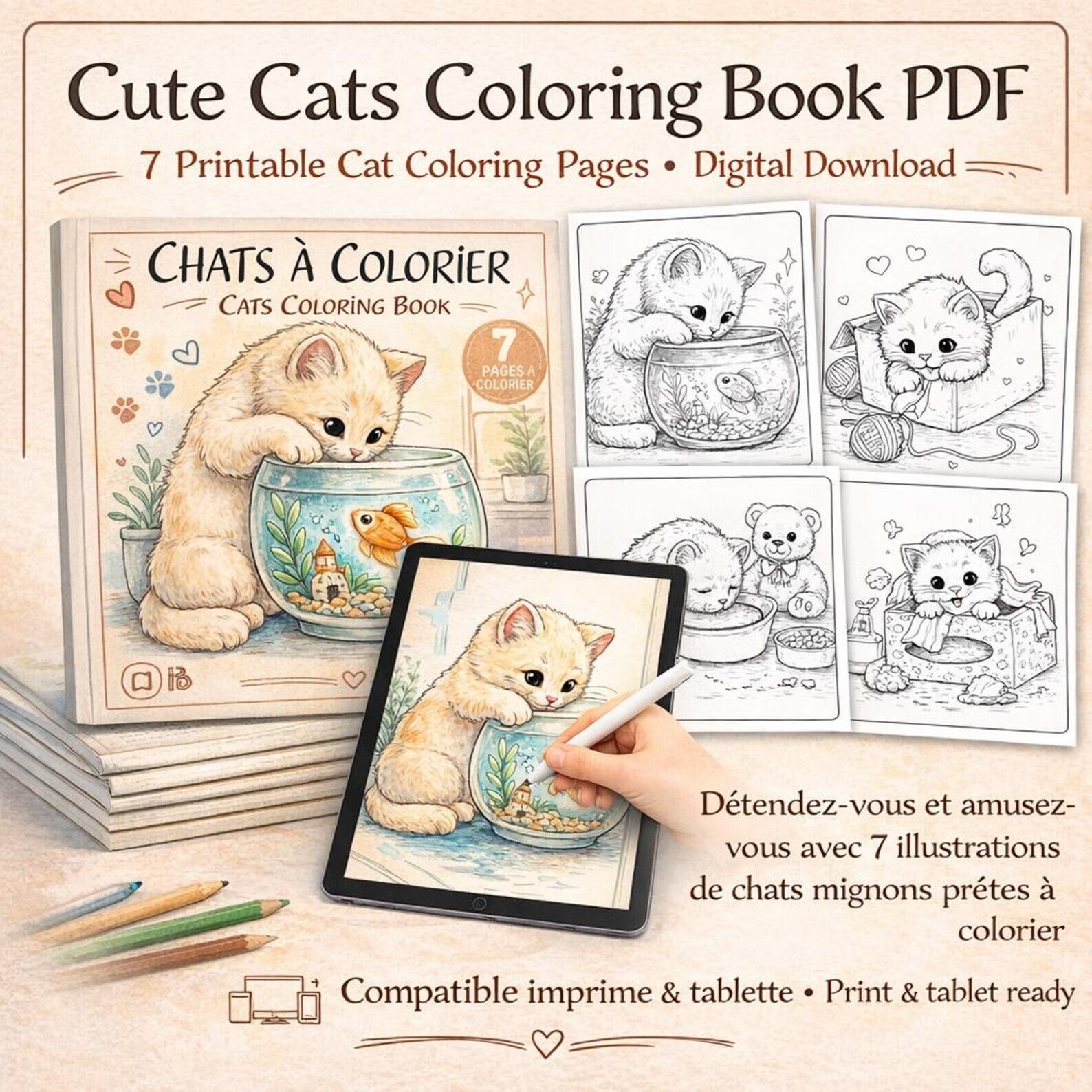 Chats à Colorier PDF – 7 Cute Cats Coloring Pages – Livre de Coloriage Chat Adulte & Enfant – Téléchargement Numérique – Printable et Tablet