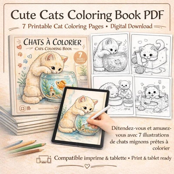 Chats à Colorier PDF – 7 Cute Cats Coloring Pages – Livre de Coloriage Chat Adulte & Enfant – Téléchargement Numérique – Printable et Tablet