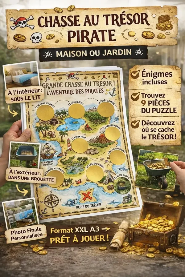 Carte au Trésor Anniversaire Format A3 - Chasse au Trésor Enfant Maison ou Extérieur – 9 Cases à Gratter – Kit Personnalisable