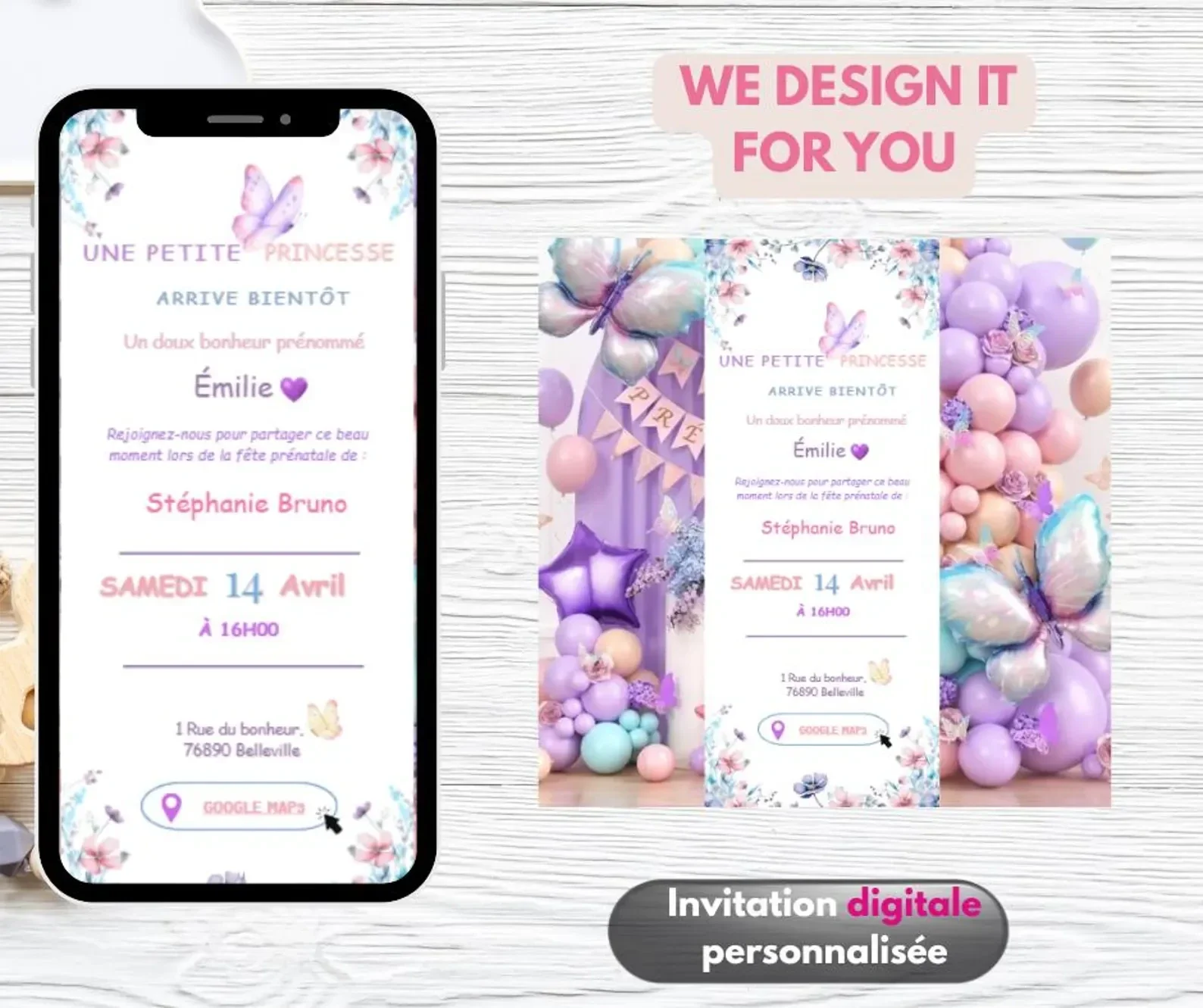 Invitation Digitale Personnalisée avec RSVP -Custom Baby Shower Digital Invitation – fête prénatale - Modèle papillon