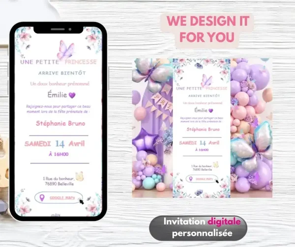 Invitation Digitale Personnalisée avec RSVP -Custom Baby Shower Digital Invitation – fête prénatale - Modèle papillon