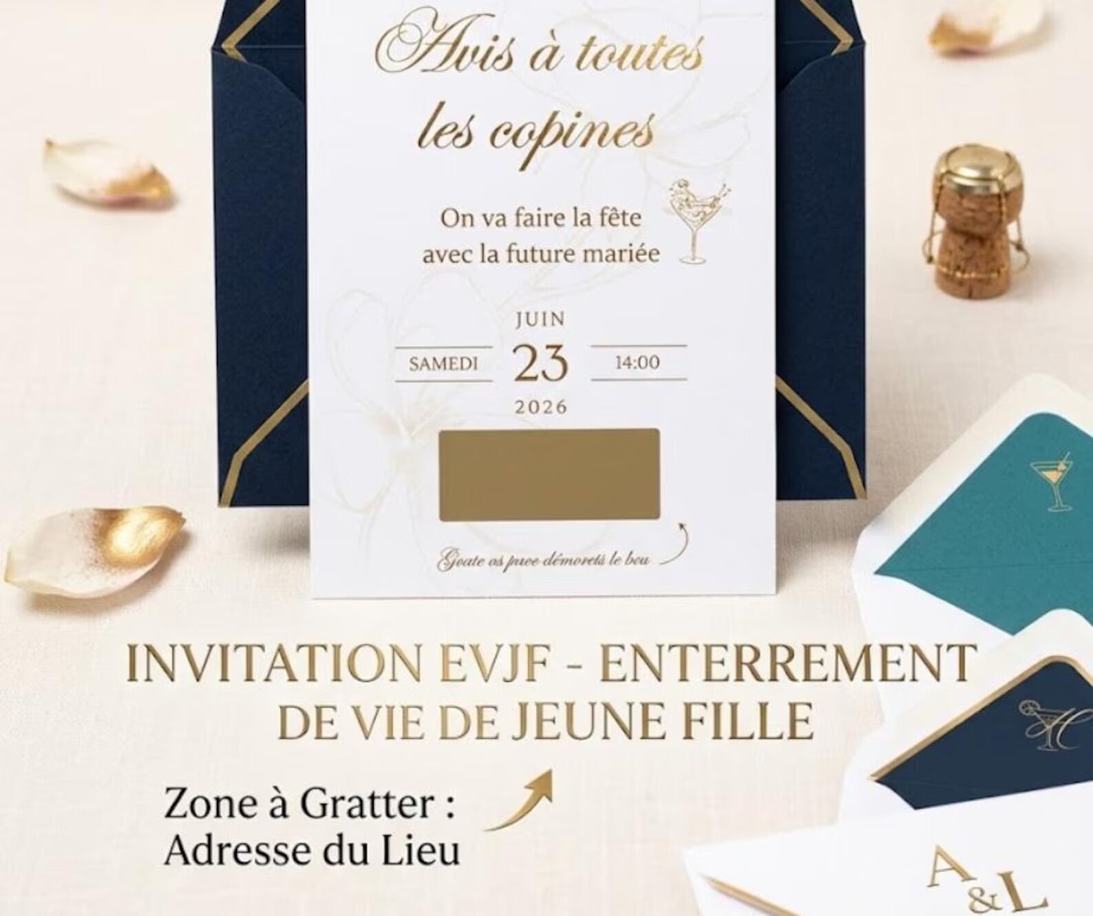 Invitation EVJF - Enterrement vie de jeune fille avec lieu mystère à gratter avec enveloppe noir & or