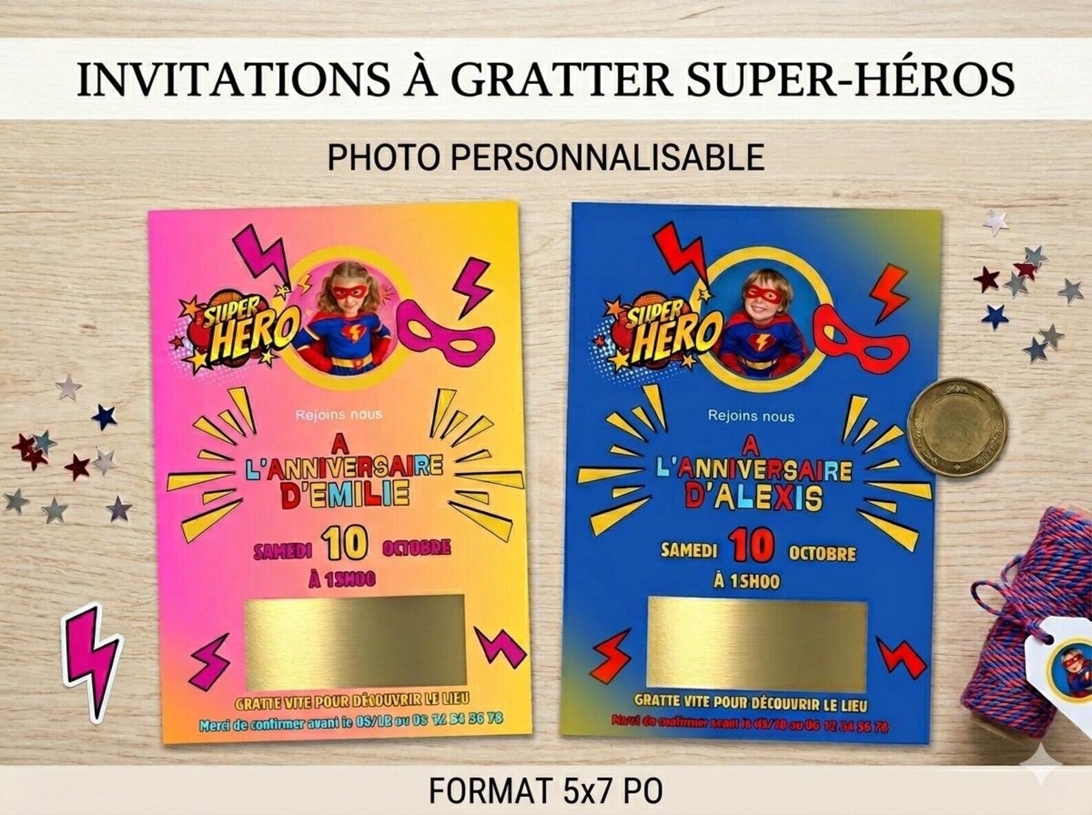 Invitation supers héros avec lieu mystère à gratter & personnalisée avec photo – Carte à gratter surprise