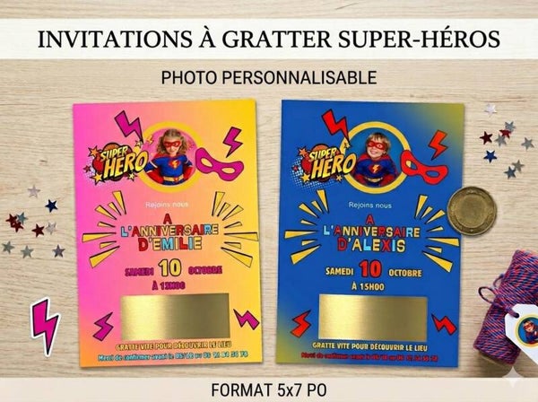 Invitation supers héros avec lieu mystère à gratter & personnalisée avec photo – Carte à gratter surprise