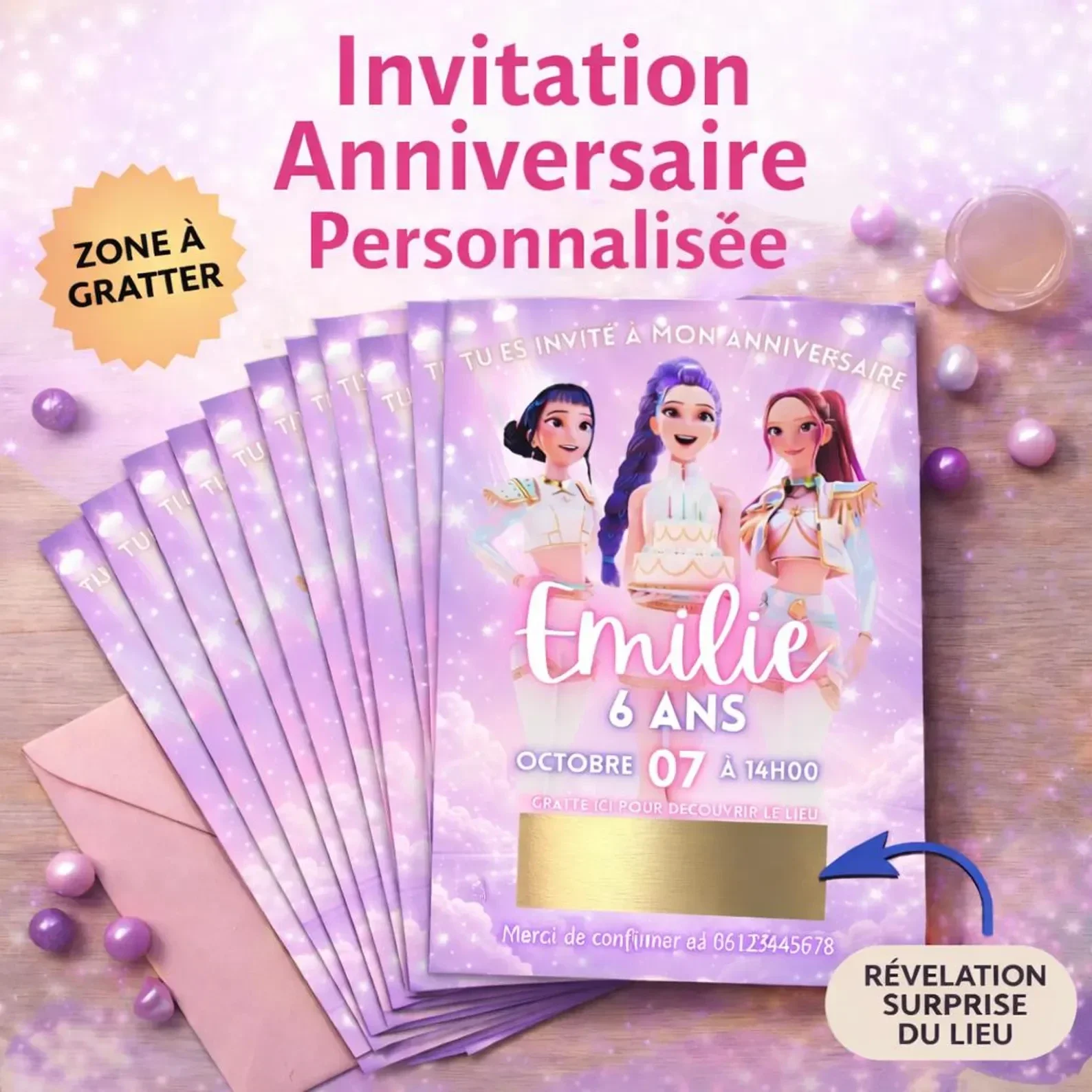 Invitation anniversaire K-Pop Demon Hunters avec lieu mystère à gratter & personnalisée – Carte à gratter surprise