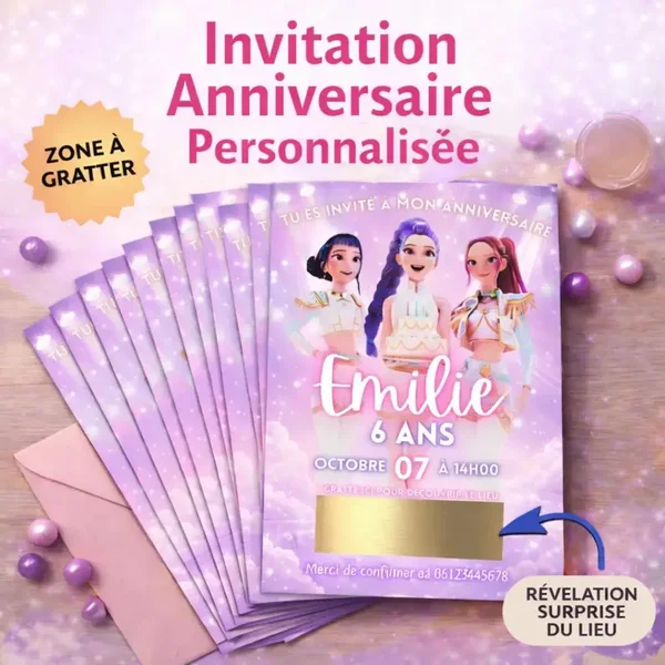Invitation anniversaire K-Pop Demon Hunters avec lieu mystère à gratter & personnalisée – Carte à gratter surprise