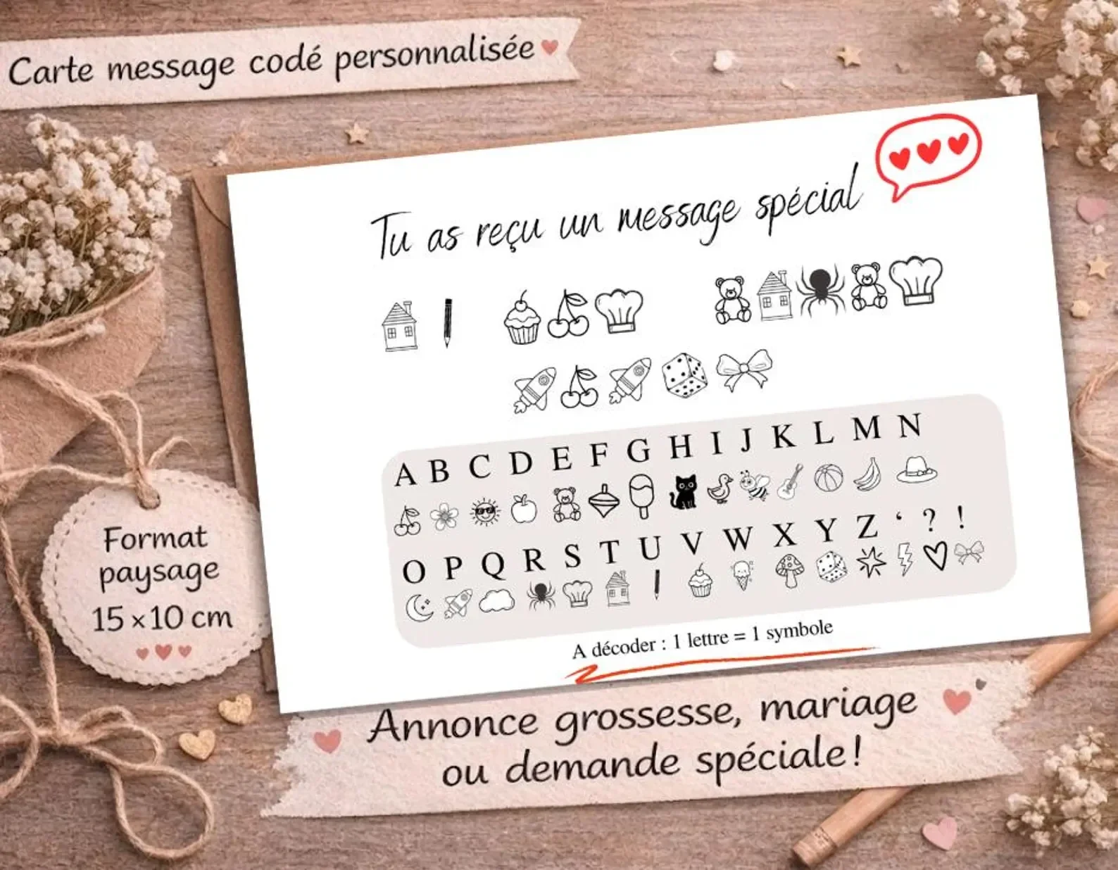 Carte message codé personnalisée pour annoncer une grossesse, un mariage, pour faire une demande spéciale.