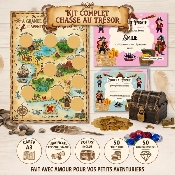 Kit Chasse au Trésor Pirate XXL A3 – Carte au Trésor à Gratter + Coffre + Pièces d'Or + Certificats | Anniversaire Enfant | Jeu Pirate