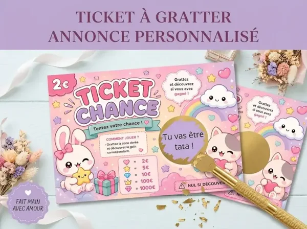 Ticket à Gratter Kawaii Personnalisé – Annonce Surprise | Révélation Grossesse, Cadeau Original, Baby Shower, Tu vas être Tata, etc.