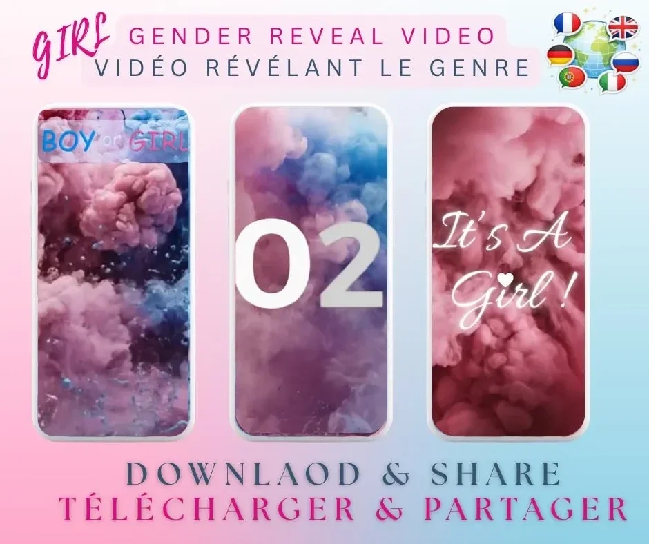 C’est une fille ! – Vidéo Révélation du Genre Bébé fumée de couleur rose et bleu | Téléchargement Numérique Instantané | Format Mobile