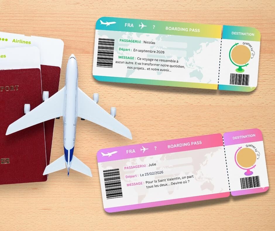 Carte à gratter billet d'avion personnalisable - Carte d'embarquement - Boarding pass - Billet à Gratter Voyage Surprise