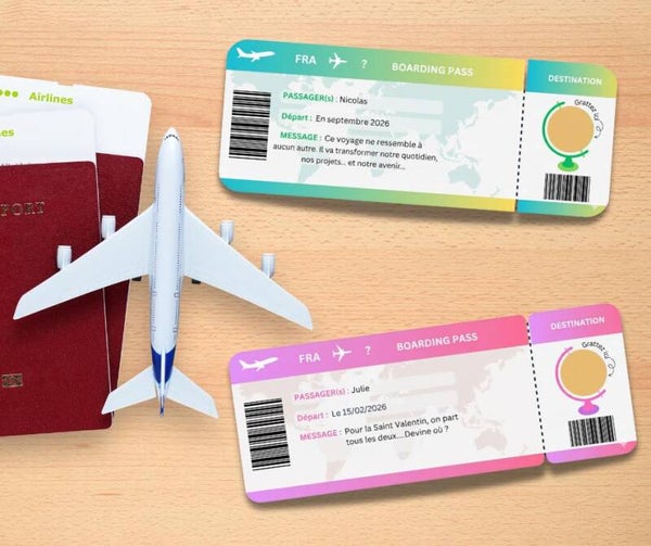 Carte à gratter billet d'avion personnalisable - Carte d'embarquement - Boarding pass - Billet à Gratter Voyage Surprise