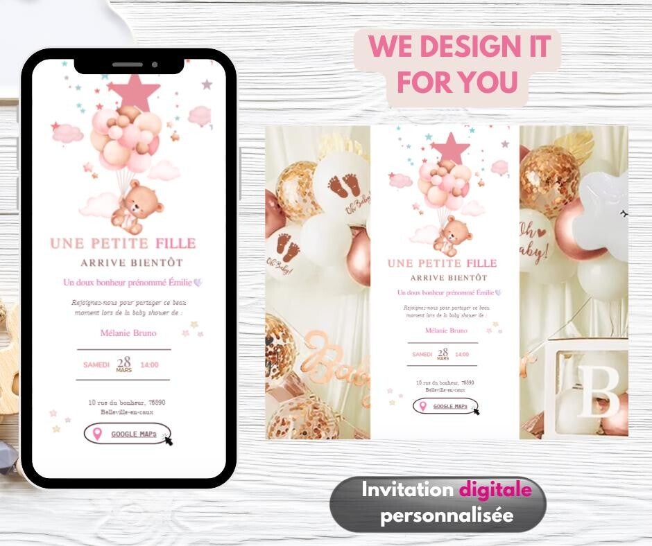Invitation Digitale Personnalisée avec RSVP -Custom Baby Shower Digital Invitation –  fête prénatale ourson rose