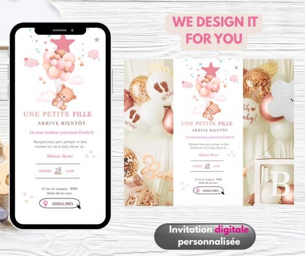 Invitation Digitale Personnalisée avec RSVP -Custom Baby Shower Digital Invitation –  fête prénatale ourson rose
