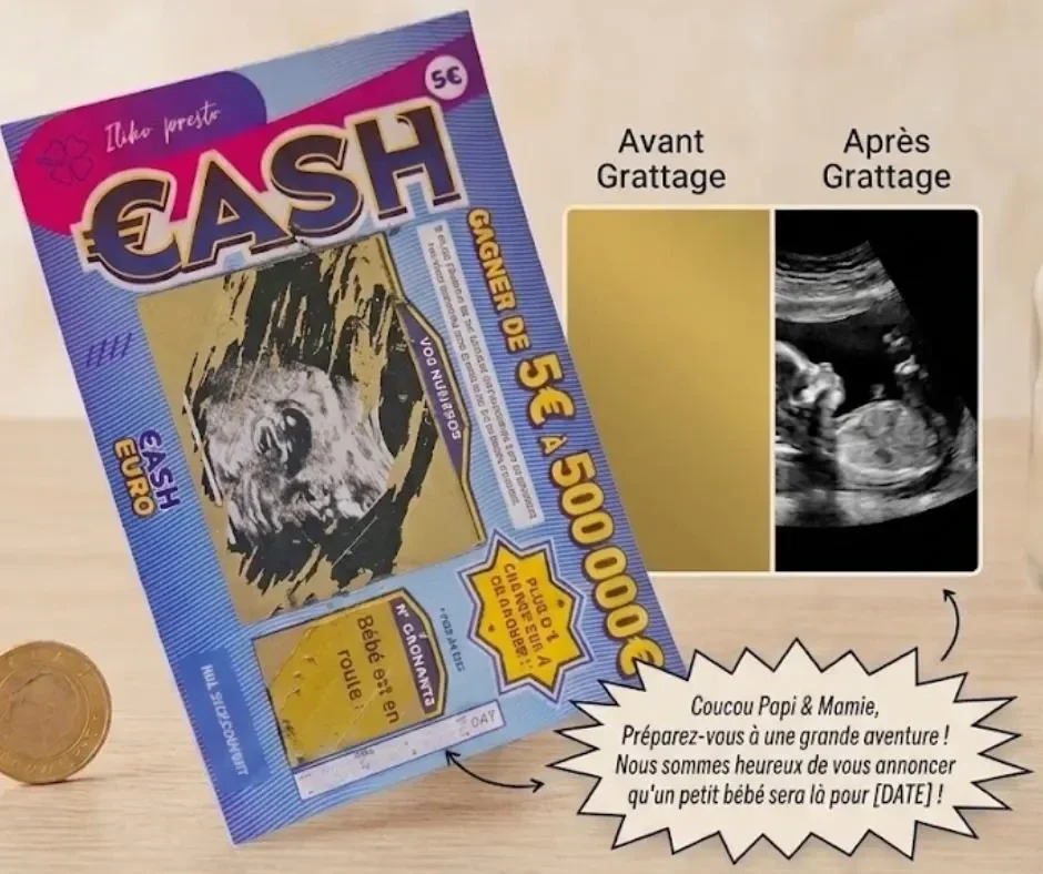 Annonce grossesse, évènements – Carte à gratter photo + message – Ticket à gratter imitation Cash